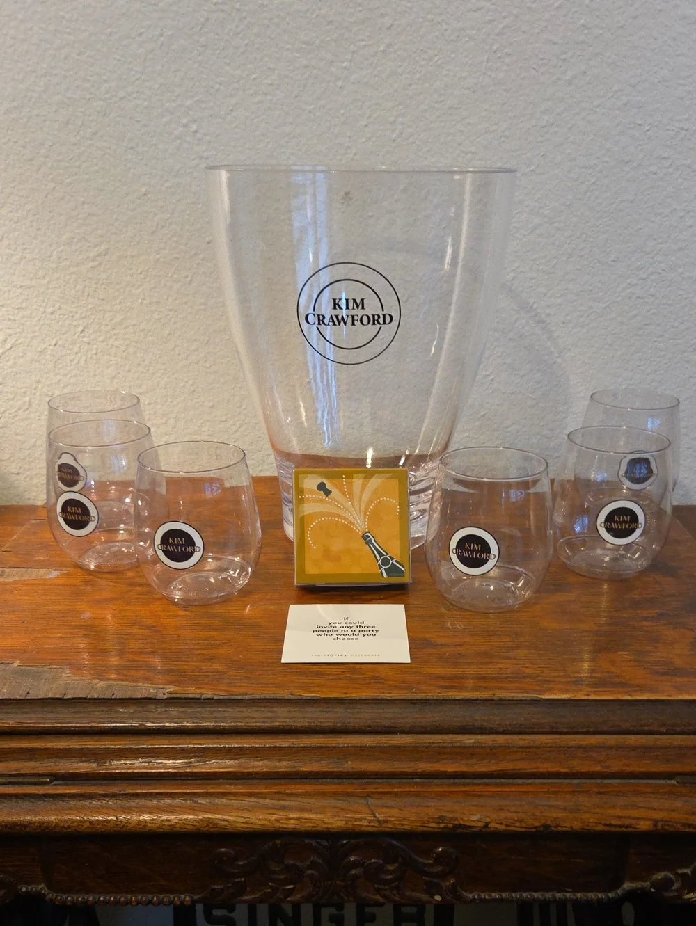 Kim Crawford Acrylic Wine Bucket, 6 Stemless Wine Glasses & Topic Cards
